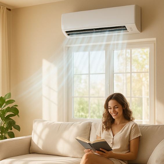 Femme qui profite du travail d'installation d'une compagnie de climatisation en été.